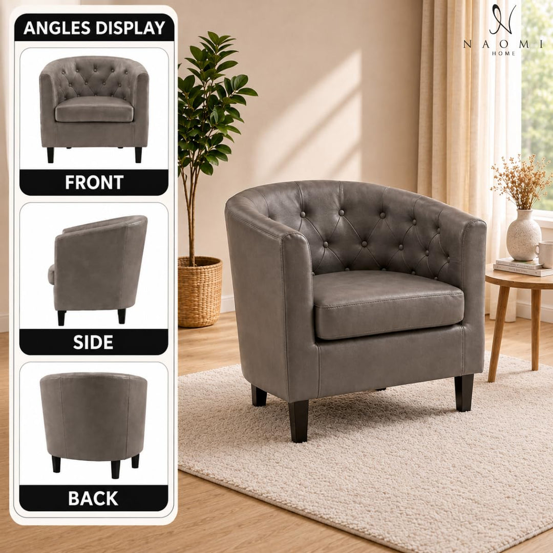 Emma Button-Tufted Faux Leather Barrel Accent Chair - Gray