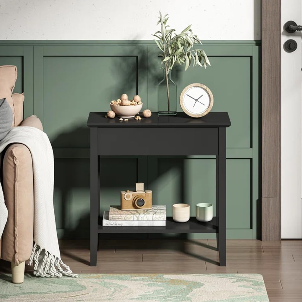 Roxy flip top chairside table   hidden storage with drawer & shelf   black