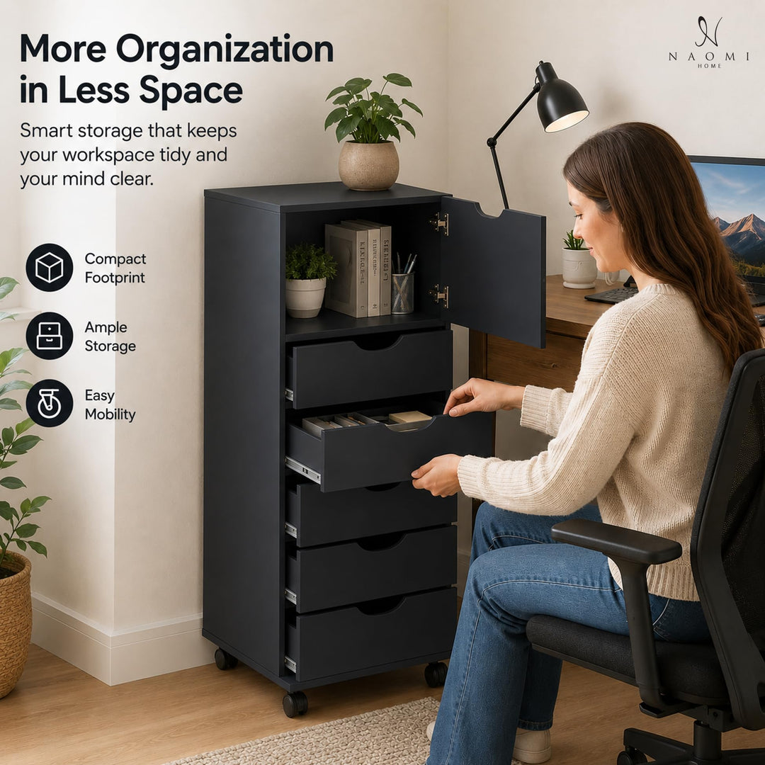 Carly 6-Drawer Storage Cabinet with Wheels - Black