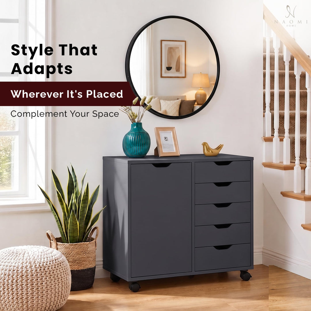Amy 5-Drawer Storage Cabinet with 2 Shelves & Wheels - Black