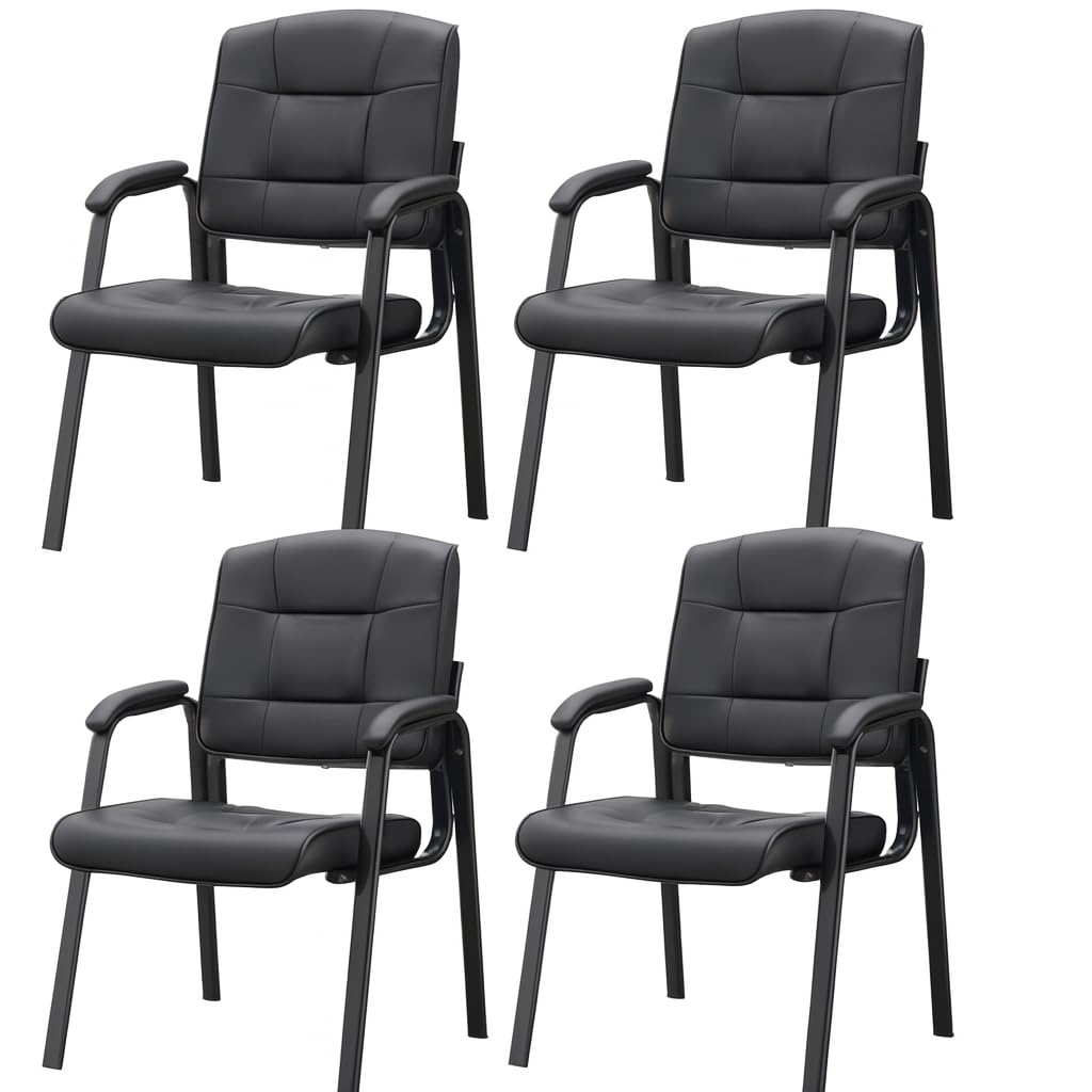 Mindy Reception Chair - Faux Leather Upholstery with Padded Arms - Black / Set of 4