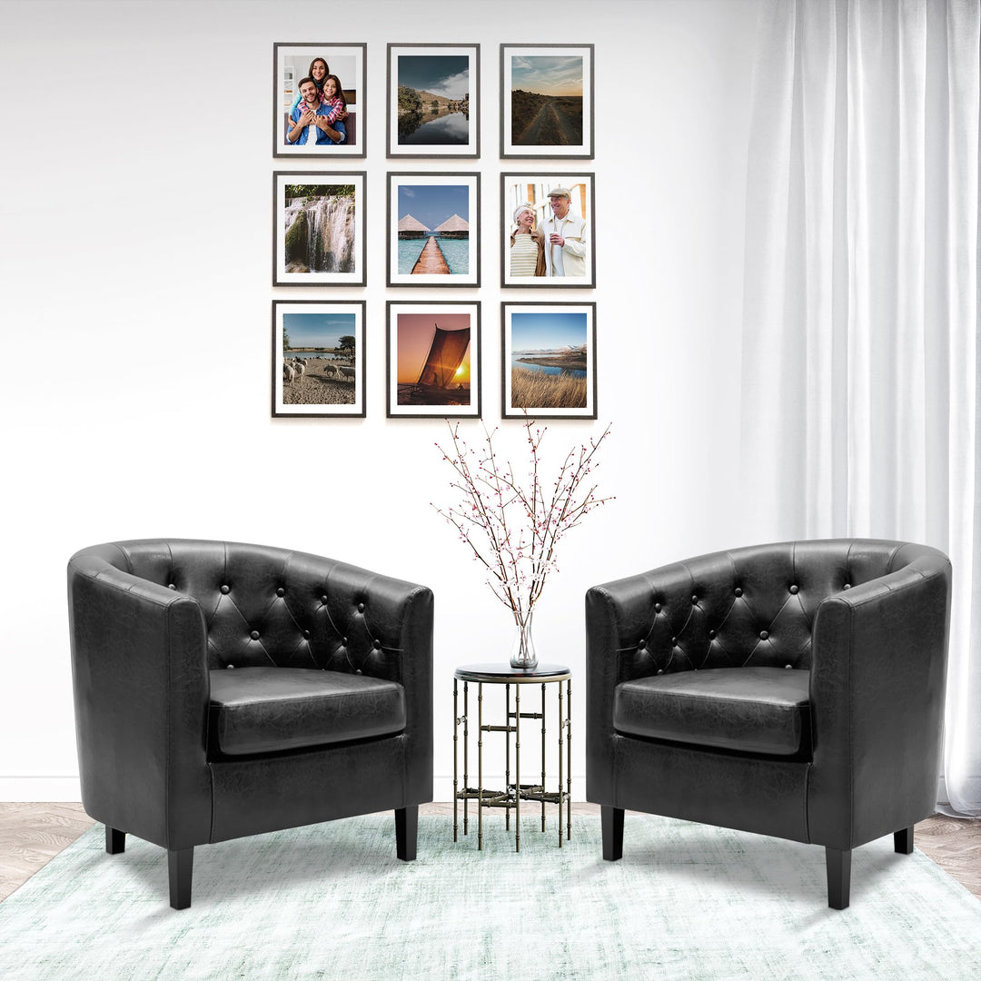 Emma Set of 2 Button-Tufted Faux Leather Barrel Chairs - Black