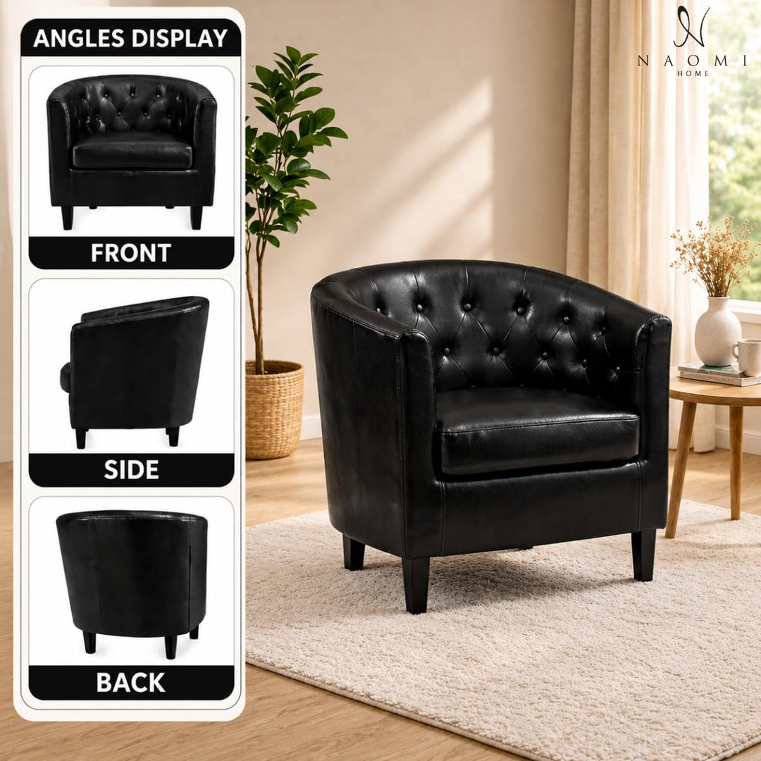 Emma Button-Tufted Faux Leather Barrel Accent Chair - Black
