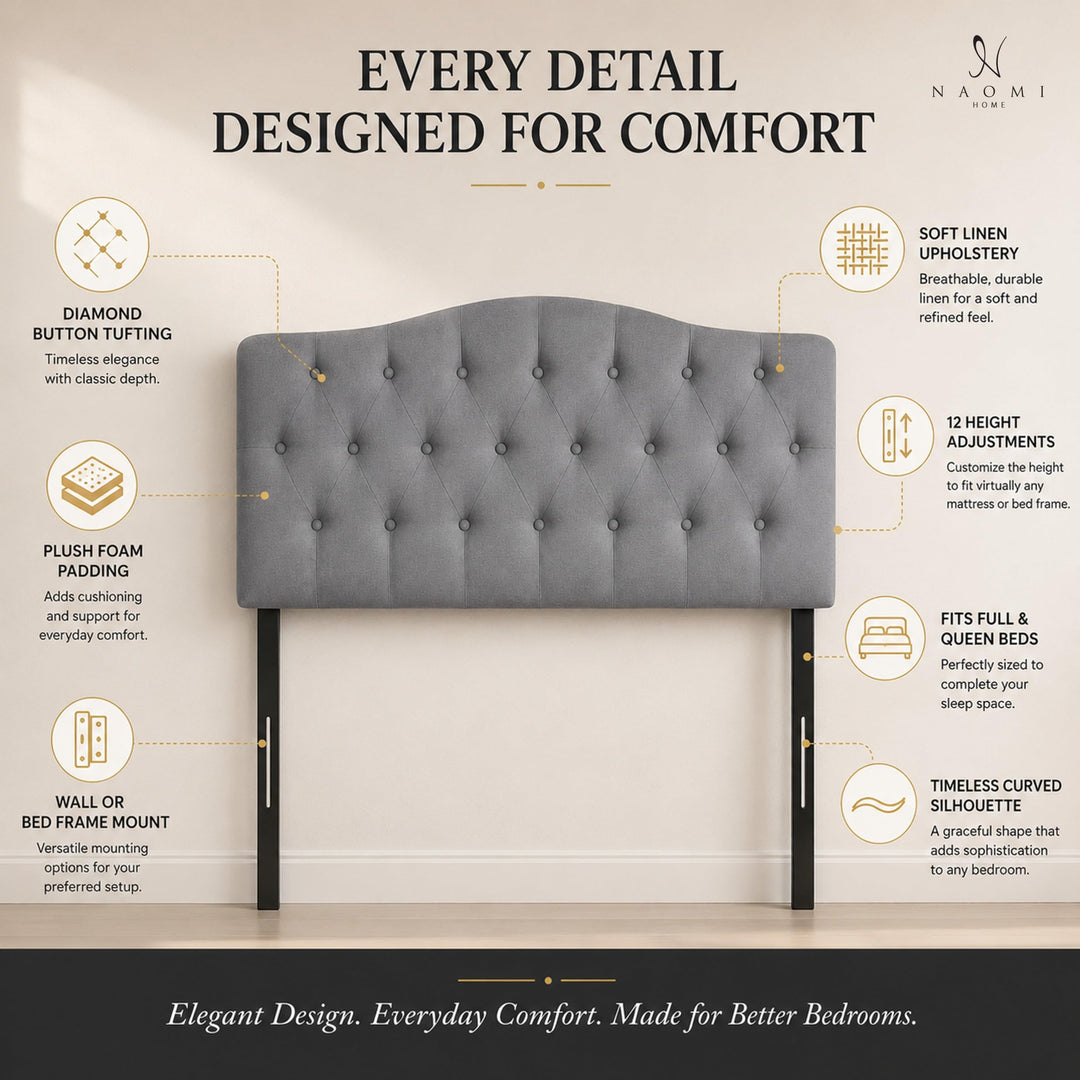 Cassandra Adjustable Upholstered Headboard for Full Queen - Light Gray
