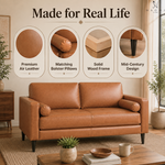 Load image into Gallery viewer, Velonie Air Leather Mid-Century Loveseat with Bolster Pillows
