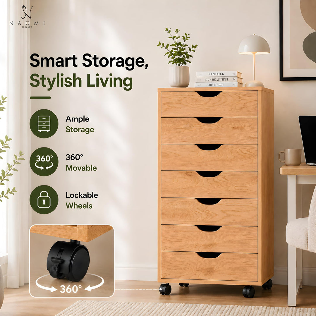Debbie 7-Drawer Storage Cabinet with Wheels & Tabletop - Natural