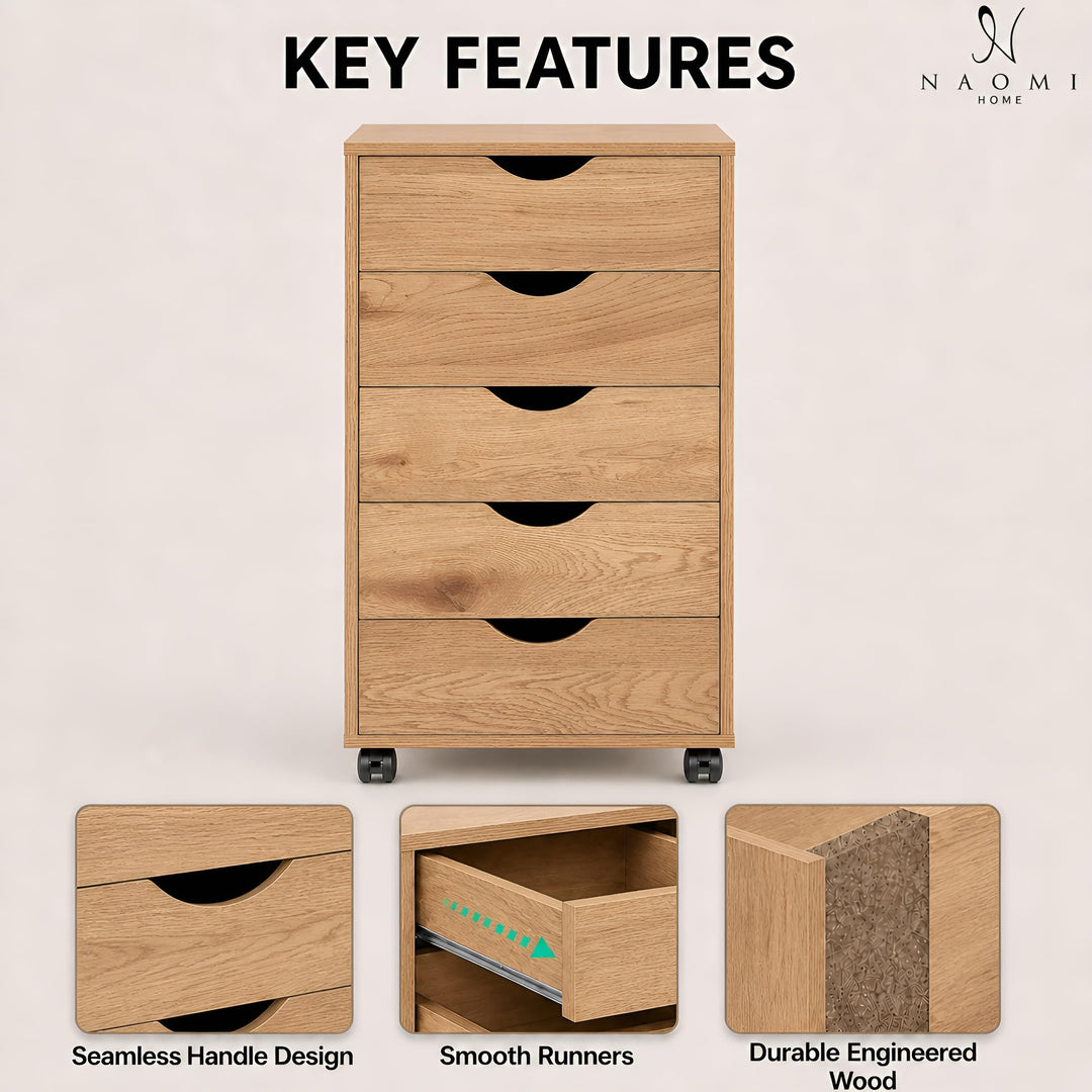 Taylor 5-Drawer Storage Cabinet with Wheels & Tabletop - Natural