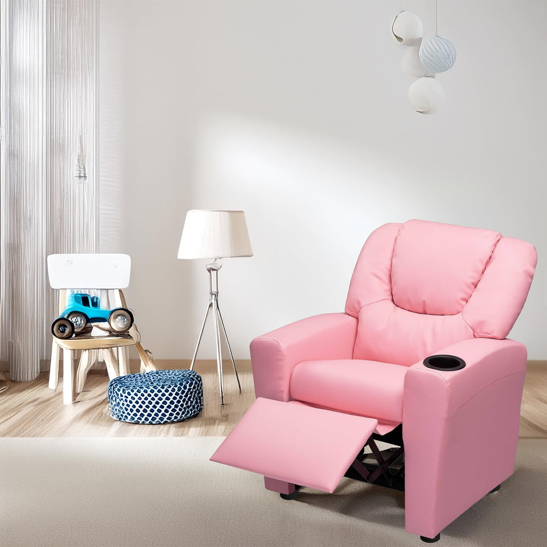 Suri Push Back Kids Recliner with Footrest & Cup Holders - Pink / Pvc