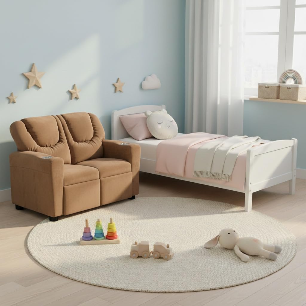 Suri Kids Recliner Loveseat with Dual Cup Holders - Brown / Microfiber
