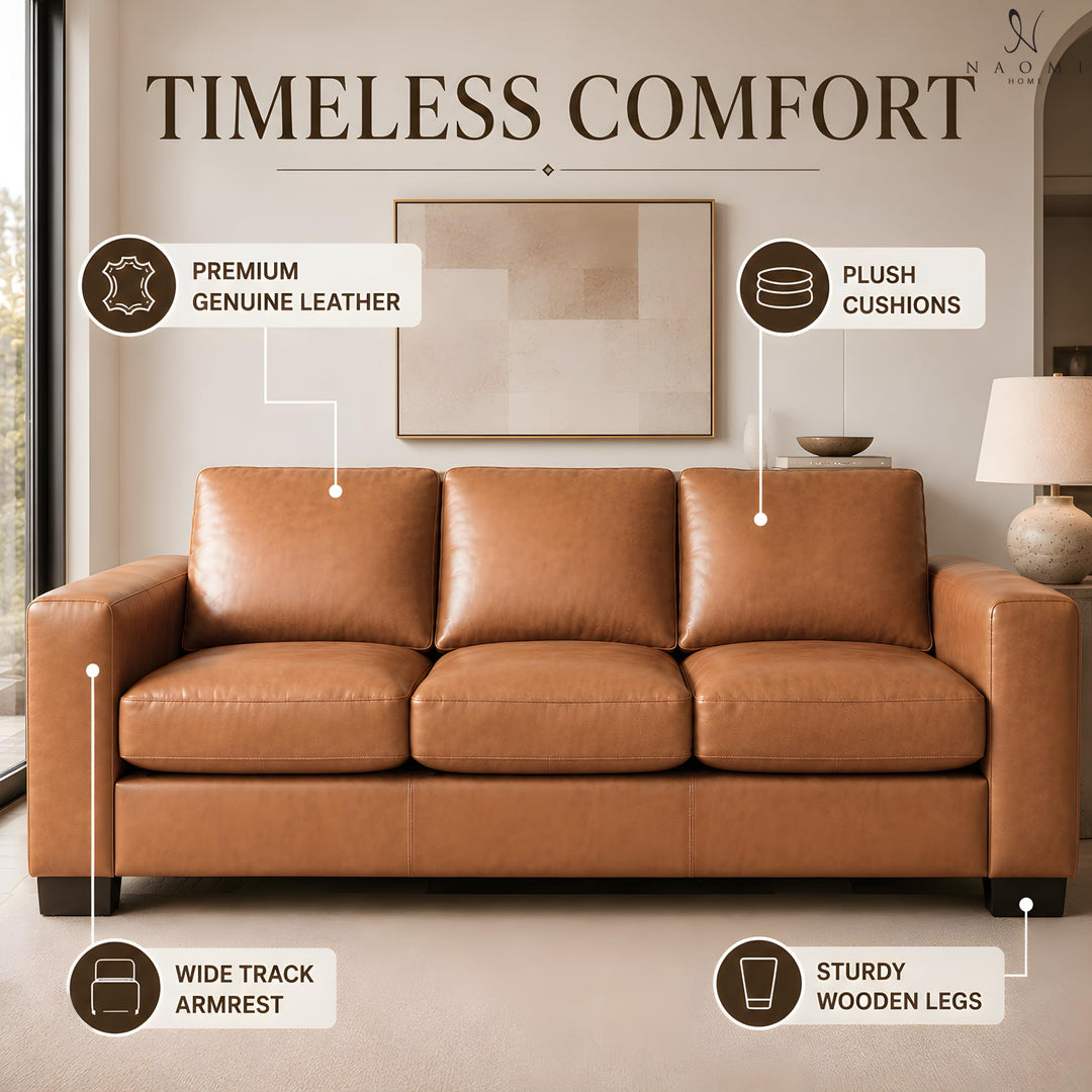 Freya Genuine Leather Oversized 3-Seater Sofa - Tan
