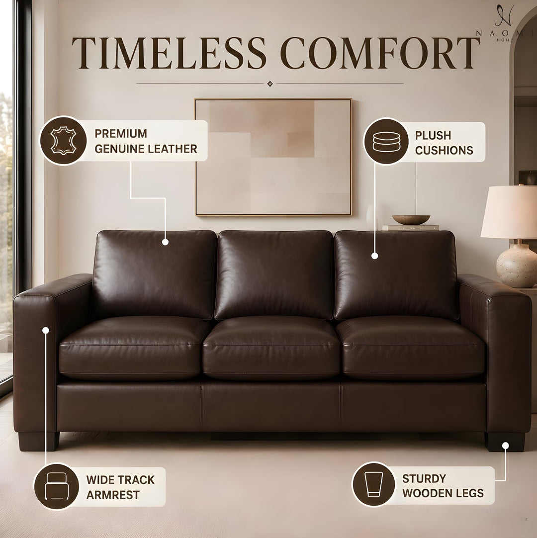 Freya Genuine Leather Oversized 3-Seater Sofa - Espresso