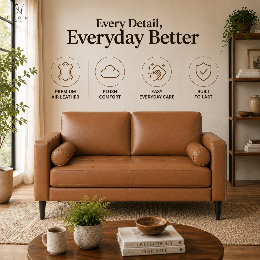 Velonie Air Leather Mid-Century Loveseat with Bolster Pillows