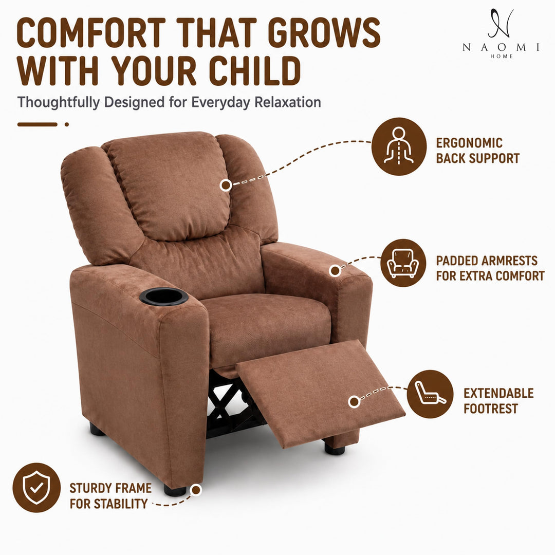Suri Push Back Kids Recliner with Footrest & Cup Holders - Brown / Microfiber