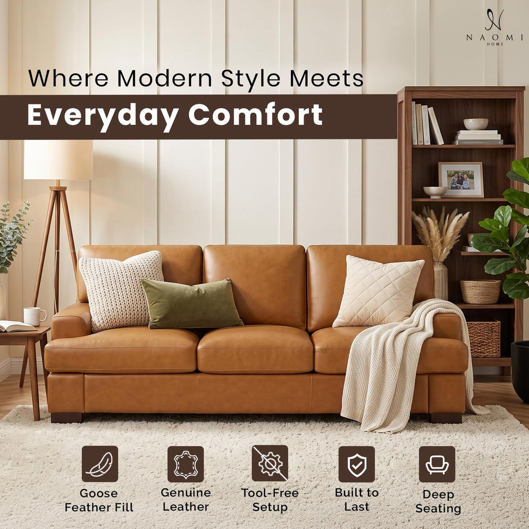 Siggy Genuine Leather Sofa with Removable Cushions