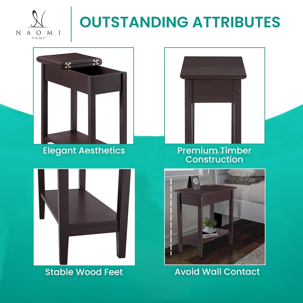 Roxy Flip Top Chairside Table - Hidden Storage with Drawer & Shelf - Espresso