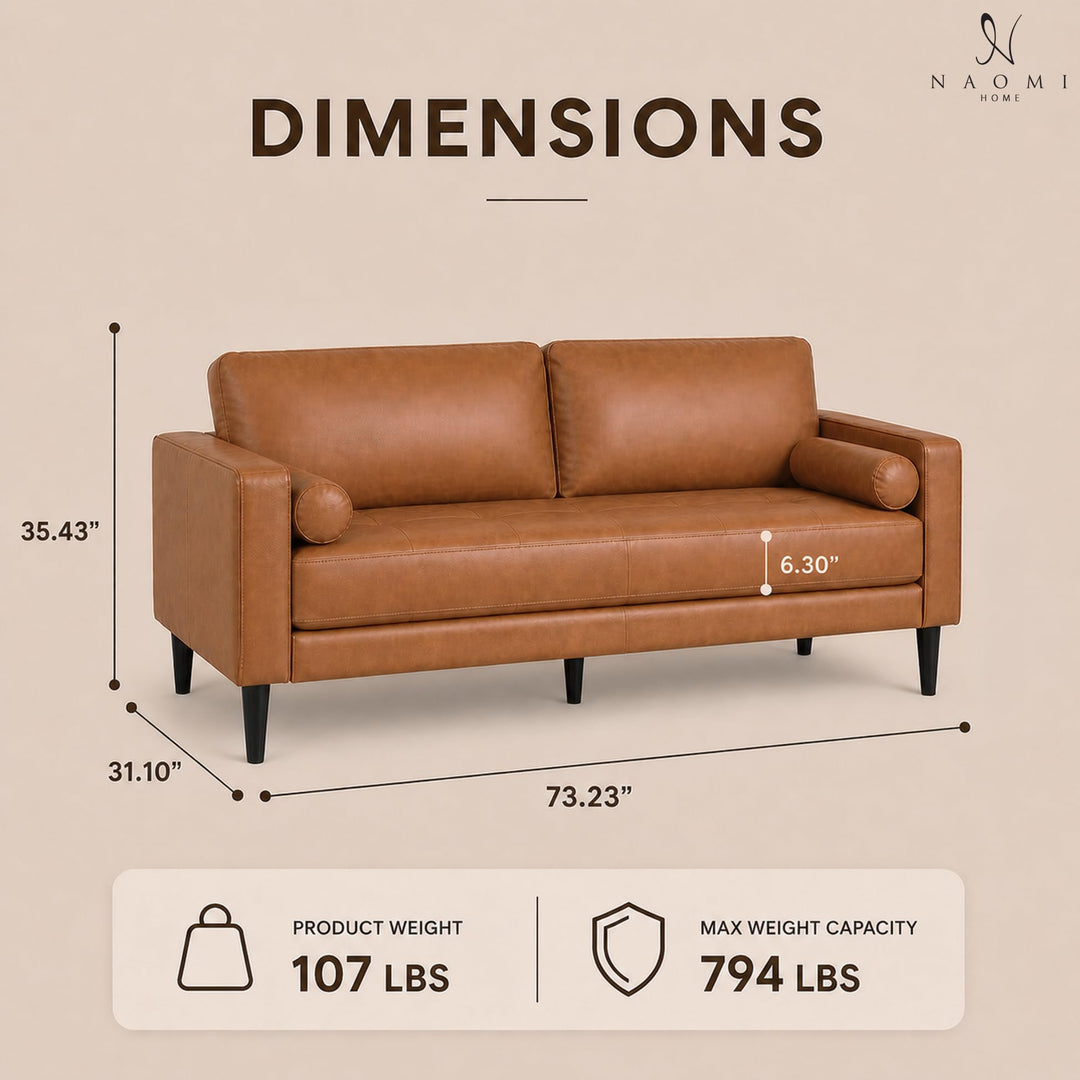Marisa Genuine Leather Mid-Century Sofa with Bolster Pillows