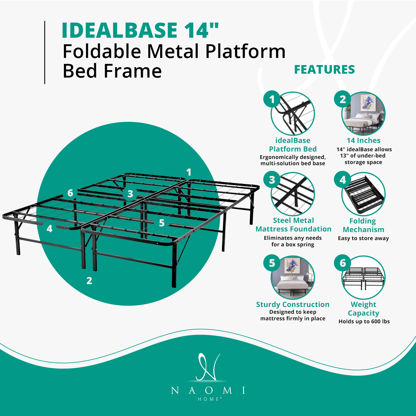 Mattress Foundation  Box Spr Naomi Home idealBase 14" Platform Metal Bed Frame 