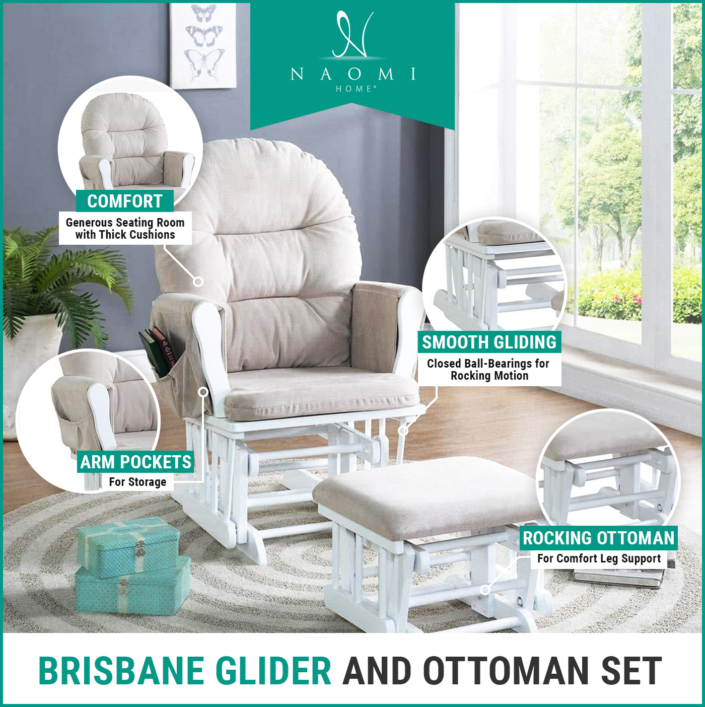 Naomi Home Brisbane Glider & Ottoman Set, Cream/White
