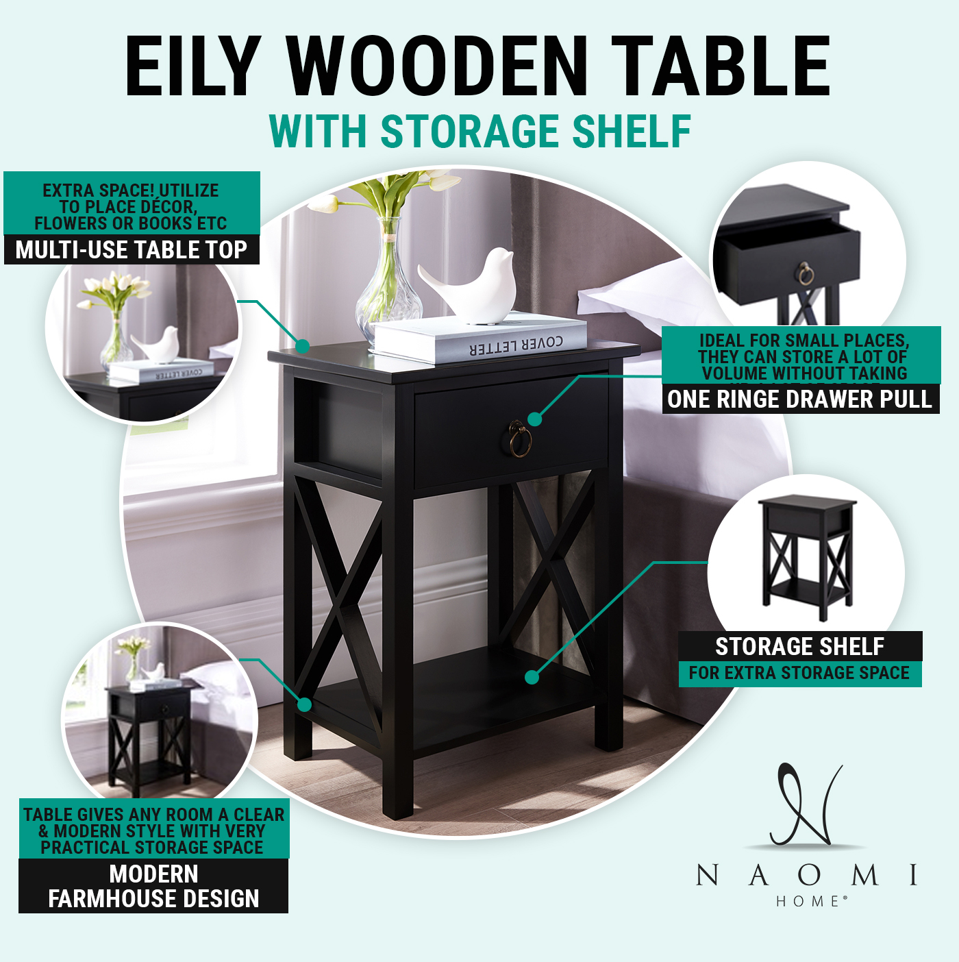 Eily Night Stand Bedside Table with Drawer Wooden Side Tables Bedroom Night  Stands for Bedrooms Small Nightstand End Table with Drawer and Shelf Ideal