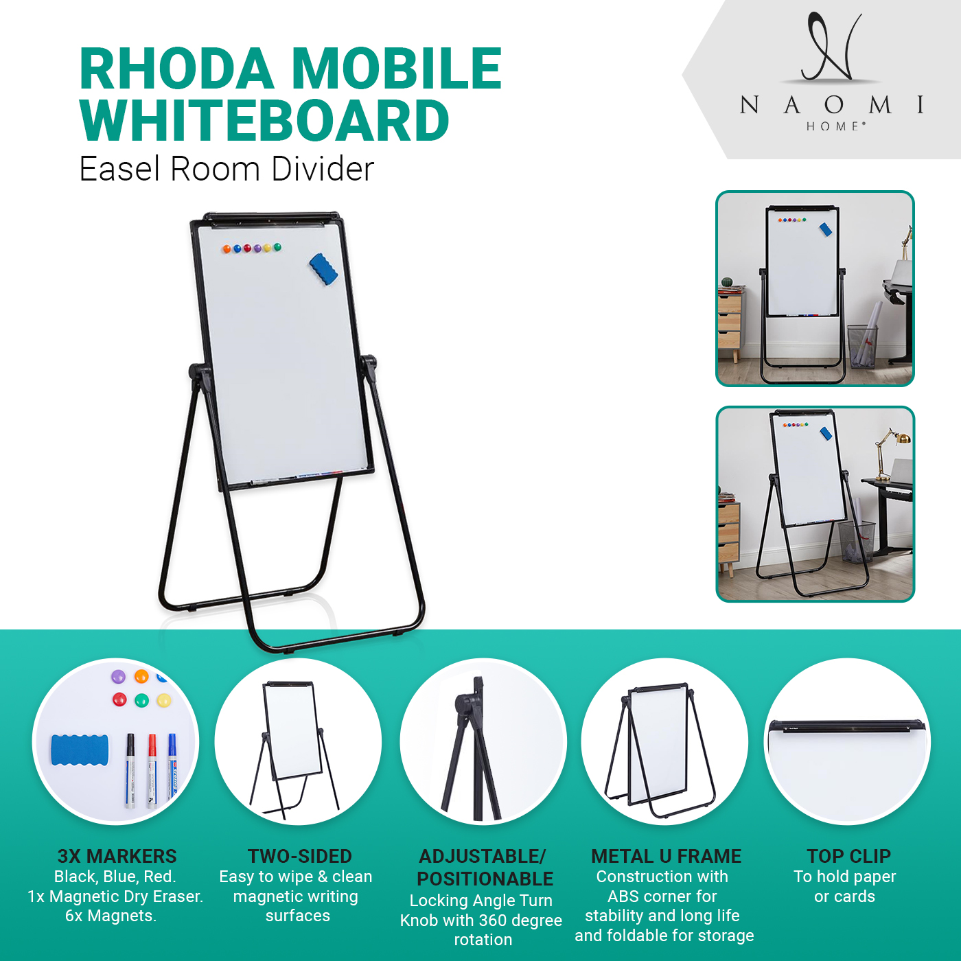 Naomi Home Rhoda Mobile Whiteboard Easel Room Divider - Naomi Home