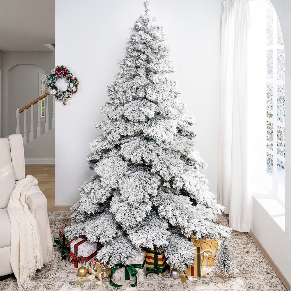 Brittany Snow Flocked Christmas Tree Prelit with 892 Branch Tips, Realistic Nevada Frosted Christmas Tree with Lights by Naomi Home - 1