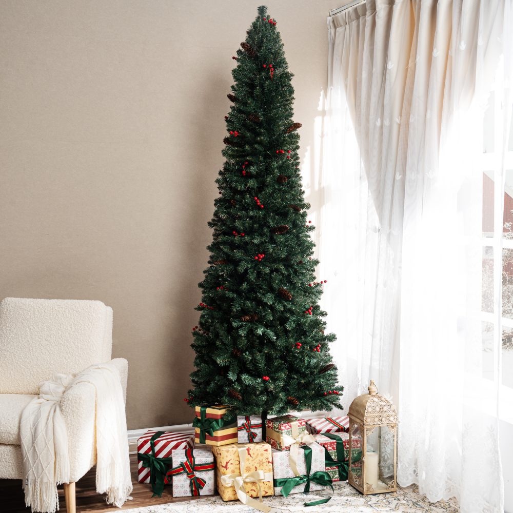 Belen Pencil Christmas Tree Prelit pre-decorated with Pine Cones, Red Berries, Skinny Christmas Tree with Lights by Naomi Home - 1