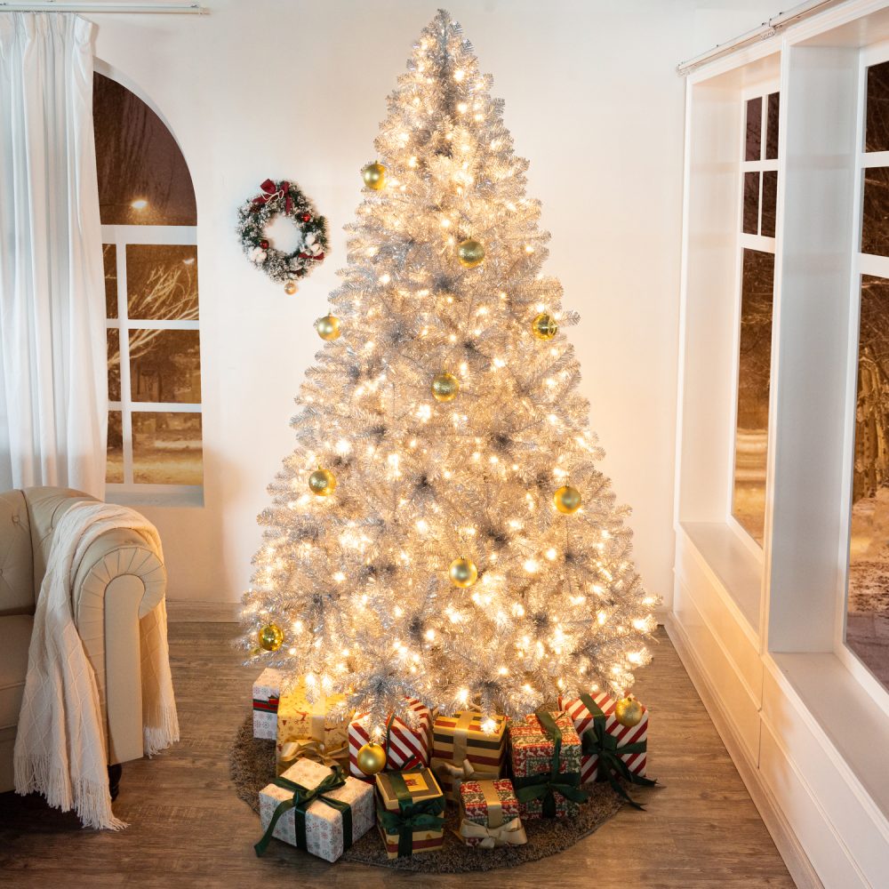 Giselle Silver Prelit Christmas Tree, Realistic Artificial Christmas Tree with Lights by Naomi Home - 9
