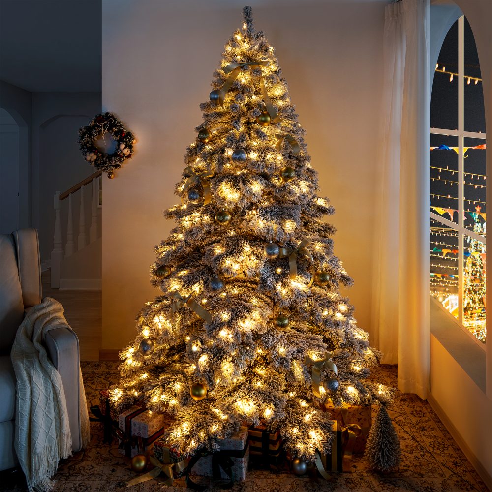 Brittany Snow Flocked Christmas Tree Prelit with 892 Branch Tips, Realistic Nevada Frosted Christmas Tree with Lights by Naomi Home - 4