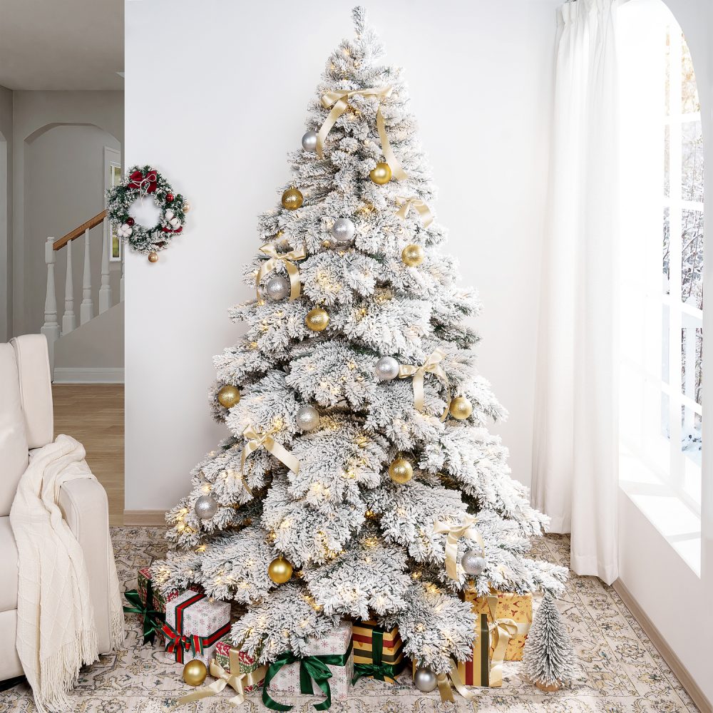 Brittany Snow Flocked Christmas Tree Prelit with 892 Branch Tips, Realistic Nevada Frosted Christmas Tree with Lights by Naomi Home - 8
