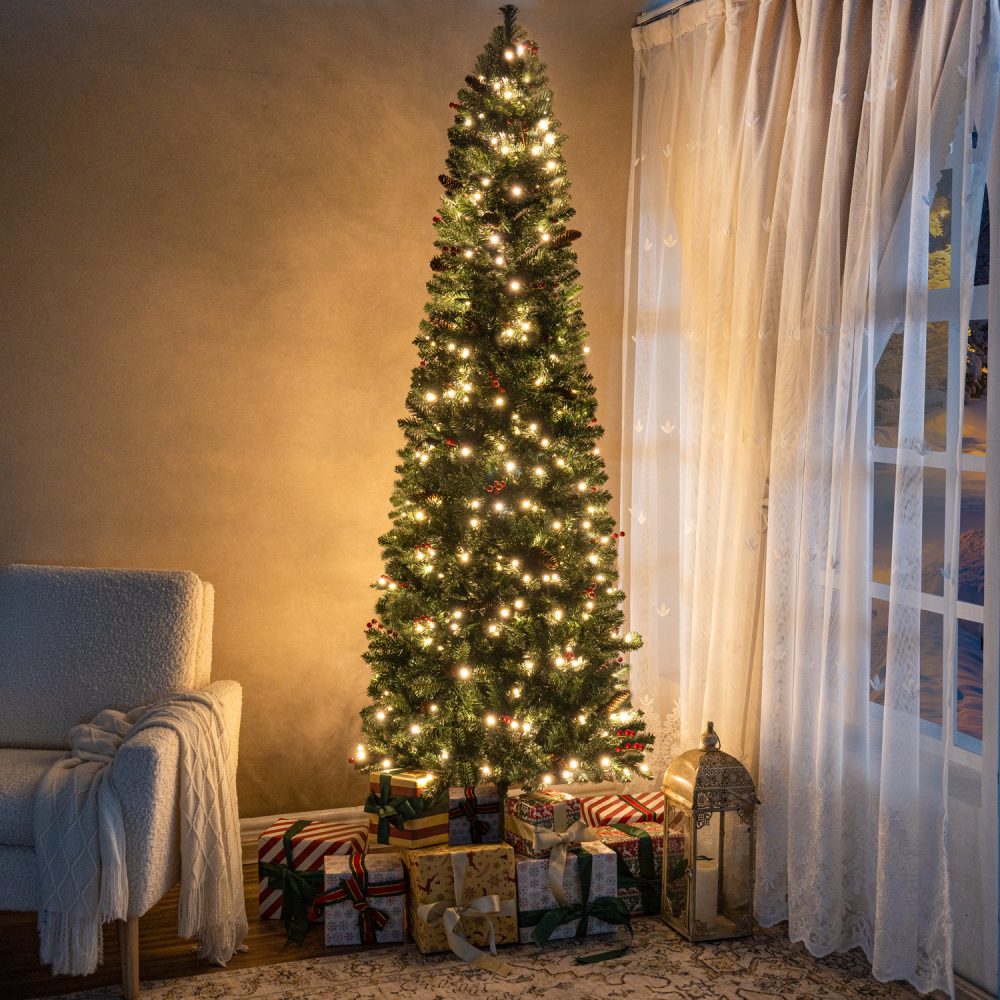 Belen Pencil Christmas Tree Prelit pre-decorated with Pine Cones, Red Berries, Skinny Christmas Tree with Lights by Naomi Home - 4