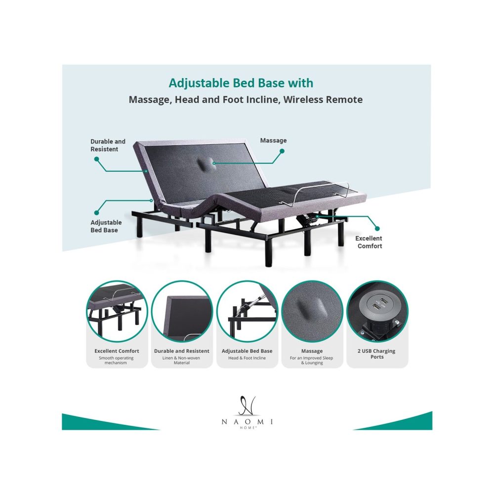 IdealBase Adjustable Bed Frame Base with Massage, Head & Foot board Incline, Wireless Remote by Naomi Home - 6