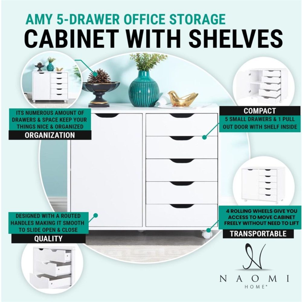Naomi Home Amy 5-Drawer Office File Storage Cabinet with Shelves, White - 23