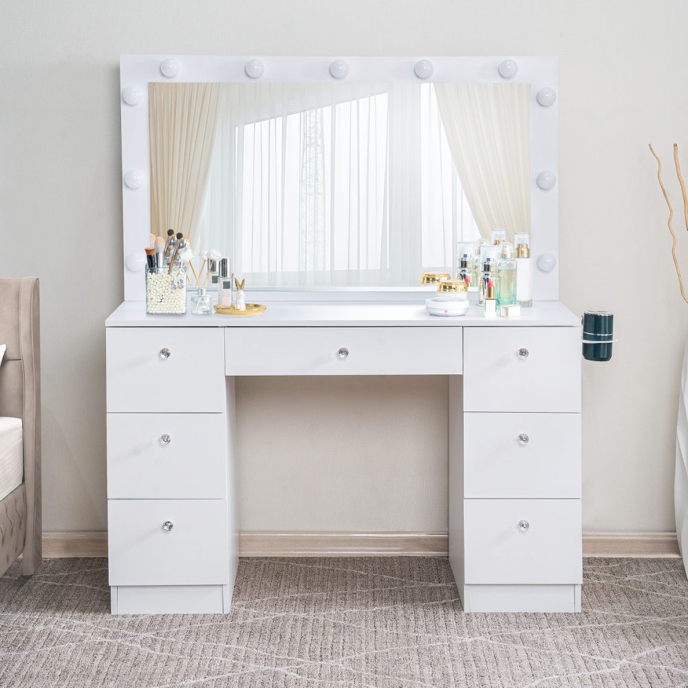 Vera Makeup Vanity with 11 Lights, Vanity Desk with Power Outlet - 1