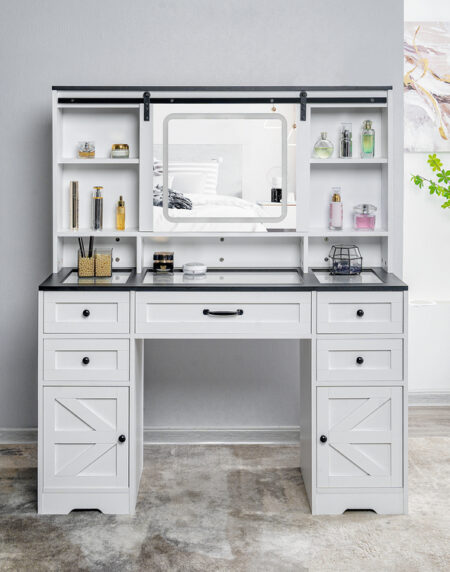 Vanya White Makeup Vanity Desk with Adjustable Sliding Mirror, Lights, and Storage Drawers - 5